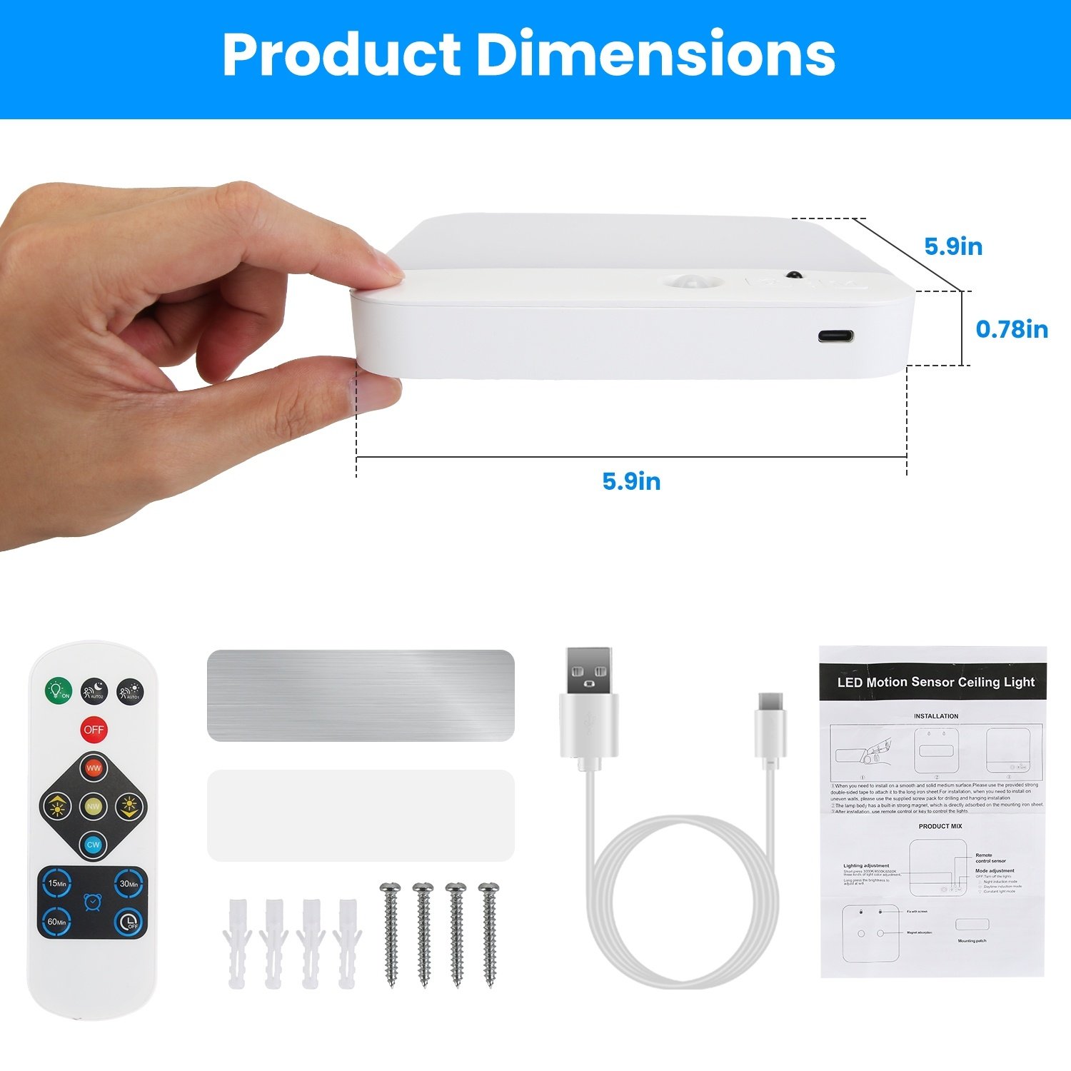 1Pc Or 2Pcs Motion Sensor Ceiling Light With Remote Rechargeable Wireless Flush Ceiling Light With 3000K 4500K 6000K 3 Timer 10 Brightness For Closet Stairs Garage Bathroom Hallway – Image 8